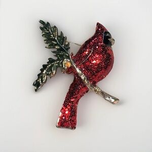 Beautiful Red Glitter Enamel Cardinal Bird Gold Tone Brooch Pin Christmas Winter